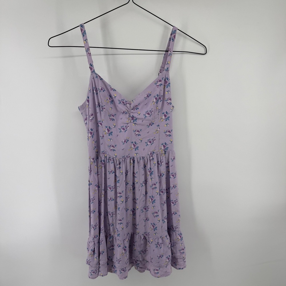 Hollister Floral Mini Dress Purple Lavender Tie Back Cutout Ruffle Hem Small